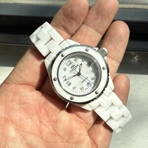 Oniss Paris White Ceramic Band Women's Watch Sapphire Crystal Date Swiss Made